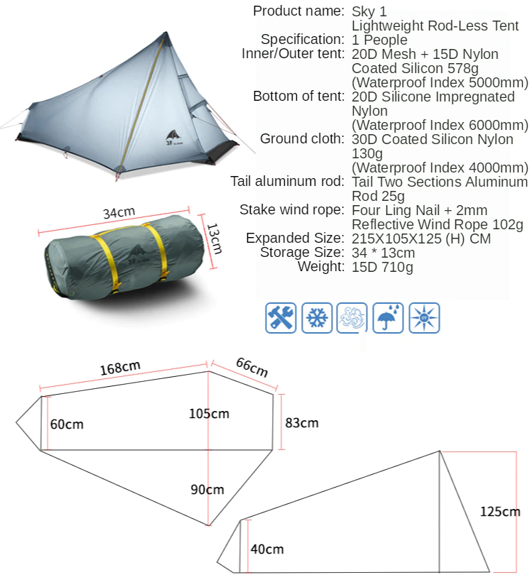 Cheap Goat Tents 3F UL GEAR CangQiong 1 Outdoor Ultralight Camping Tent 3 Season 1 Person Professional 15D Nylon Silicon Coating Rodless  tent Tents 